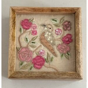 Wood Trinket Jewelry Box Handmade Glass Beads Sequin Embroidered Bird Keepsake